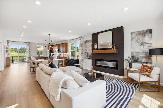 living room featuring light hardwood / wood-style floors and a fireplace