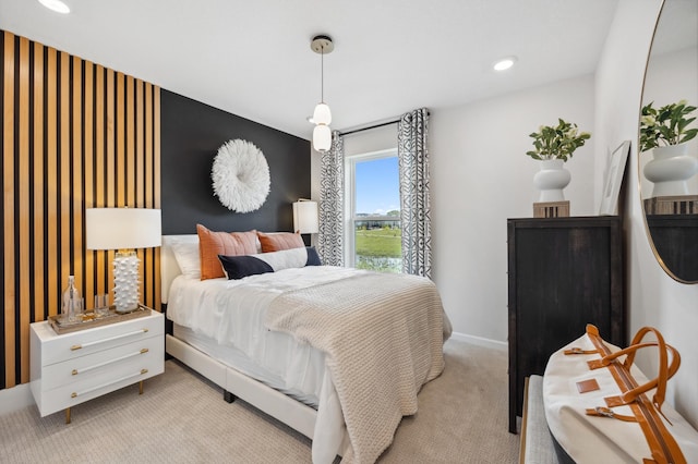 bedroom with light carpet