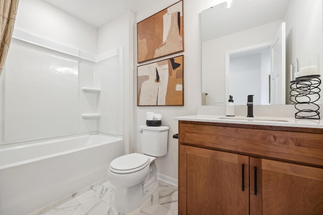 full bathroom featuring toilet, bathing tub / shower combination, and vanity