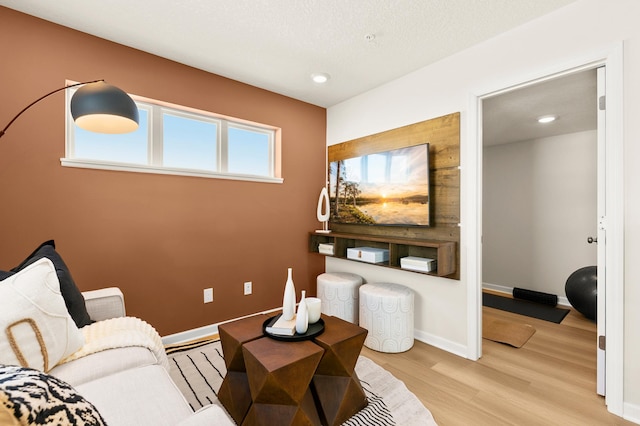 living room with a textured ceiling and light hardwood / wood-style flooring