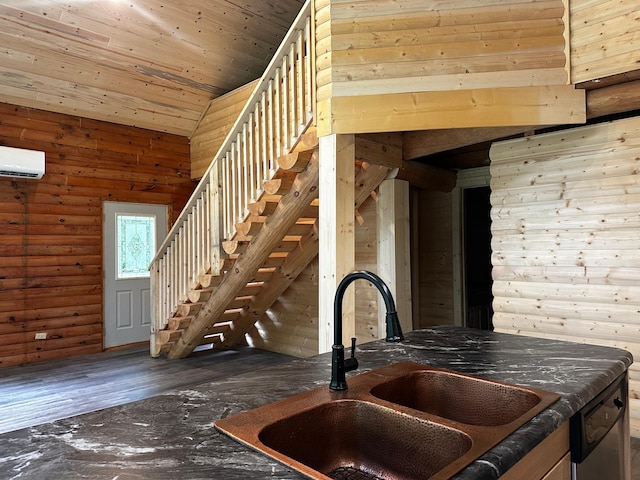 interior space with wood-type flooring, wood ceiling, sink, an AC wall unit, and wooden walls