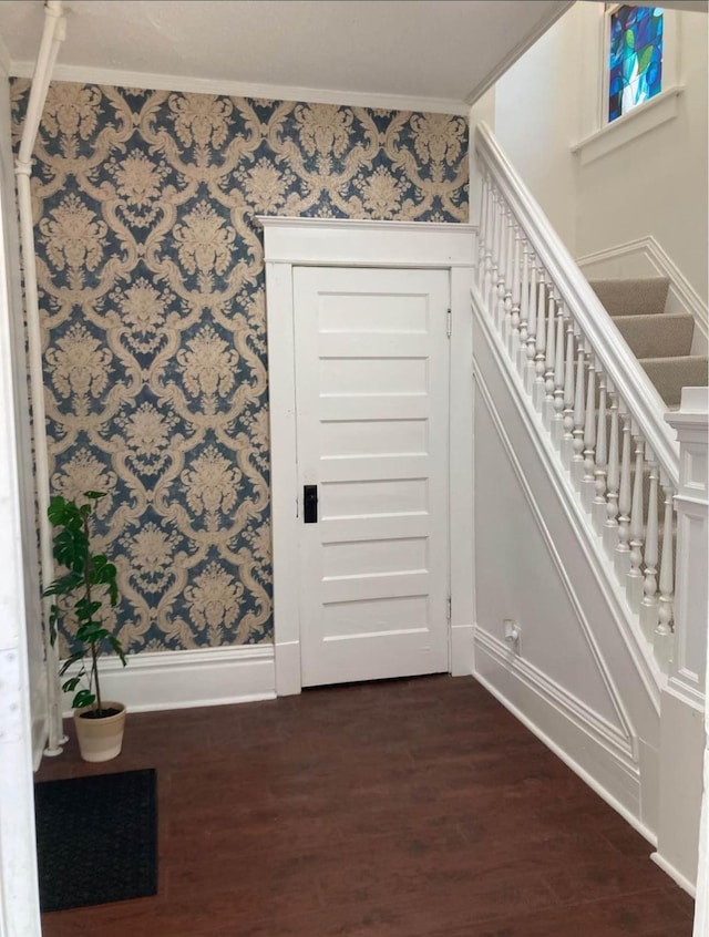 stairs with crown molding and hardwood / wood-style flooring