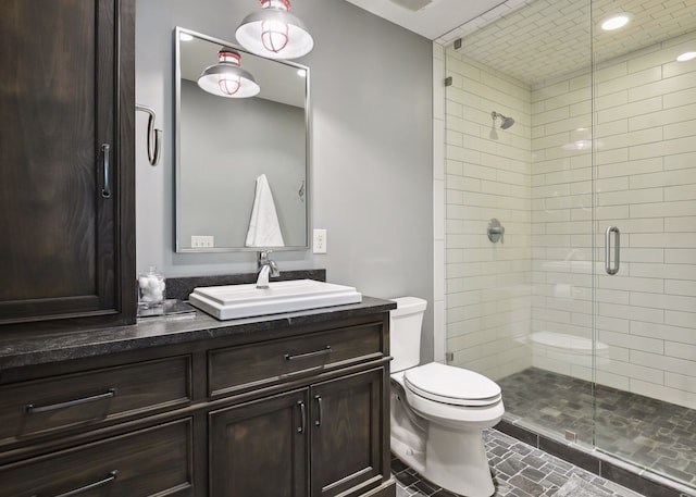 bathroom featuring vanity, toilet, and a shower stall