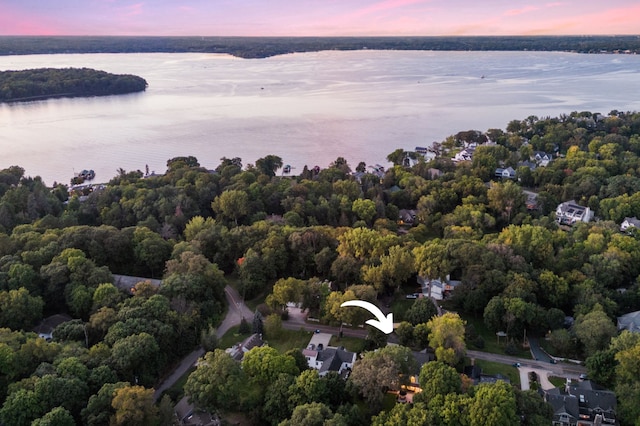 birds eye view of property featuring a view of trees and a water view