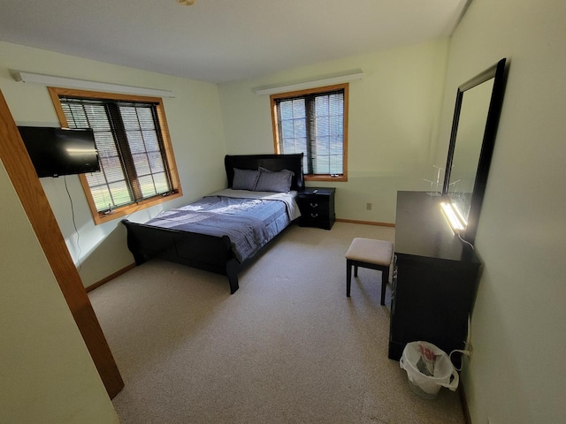 bedroom featuring multiple windows, carpet flooring, and baseboards