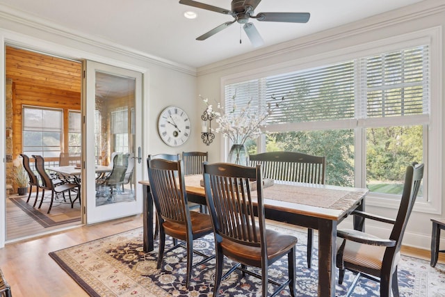 dining room featuring wood-type flooring, plenty of natural light, and ceiling fan