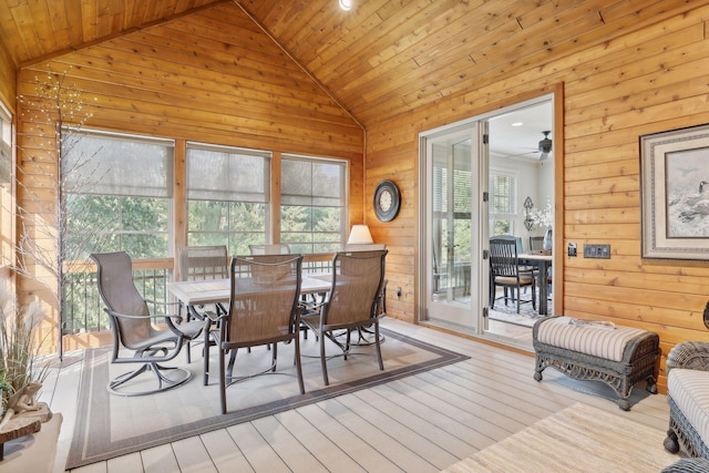 dining space with wooden ceiling, light hardwood / wood-style flooring, wood walls, and a healthy amount of sunlight