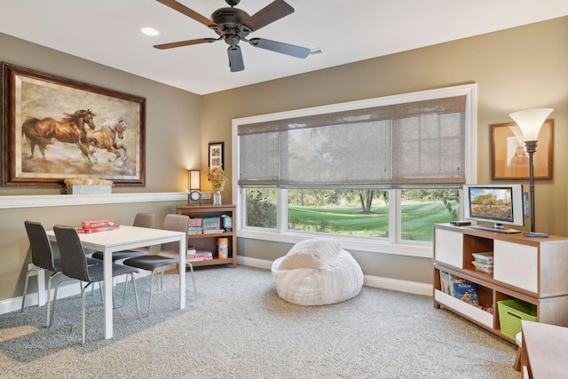 playroom featuring ceiling fan and carpet flooring