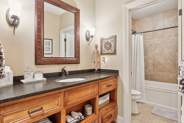 full bathroom featuring vanity, toilet, tile patterned floors, and shower / bath combo with shower curtain