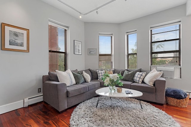 living area featuring baseboard heating, dark wood-style flooring, baseboards, rail lighting, and attic access