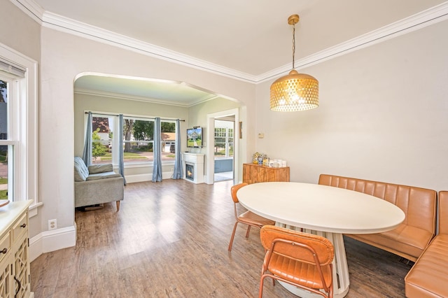 dining area with wood-type flooring and ornamental molding