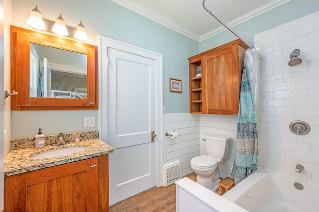 full bathroom with vanity, shower / bath combination with curtain, crown molding, toilet, and wood-type flooring