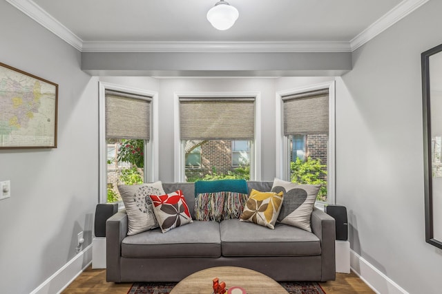 living room with wood-type flooring and ornamental molding