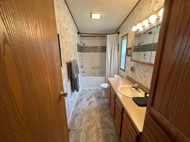bathroom featuring toilet, shower / tub combo with curtain, vanity, and wallpapered walls