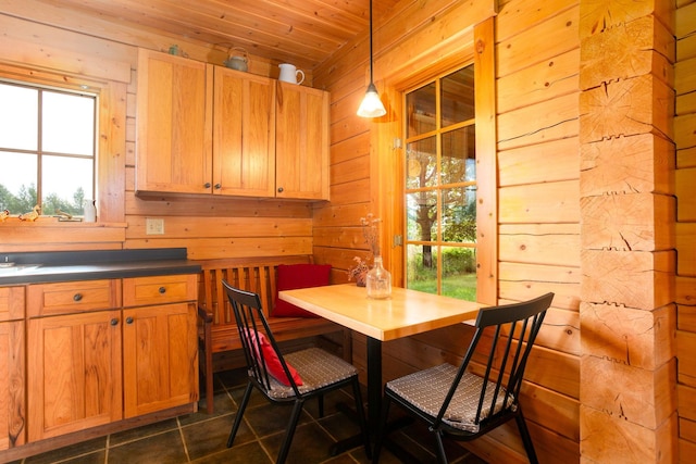 dining area with breakfast area, wooden walls, a wealth of natural light, and wooden ceiling
