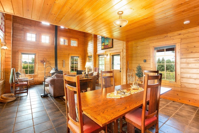 dining space with a wood stove, wood ceiling, wood walls, and dark tile patterned floors