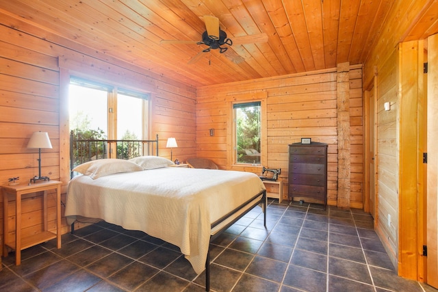 tiled bedroom with wood ceiling, ceiling fan, wood walls, and multiple windows