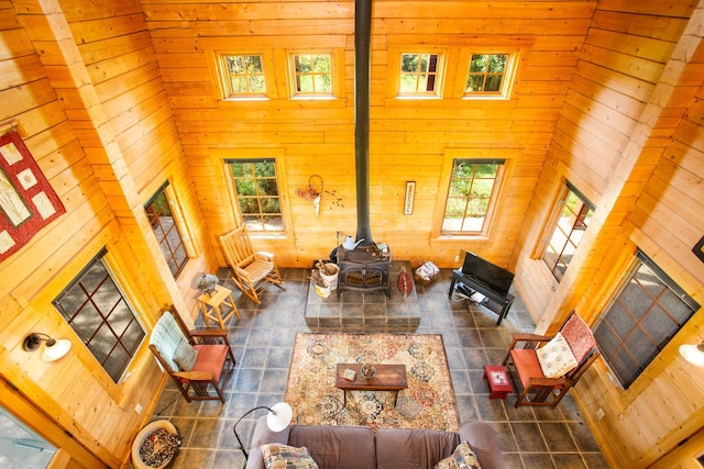 living room with plenty of natural light, wood walls, and a wood stove