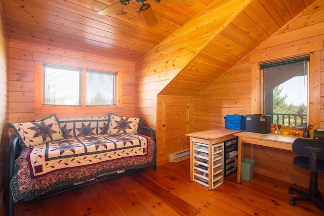 bedroom with wood ceiling, vaulted ceiling, wooden walls, and hardwood / wood-style flooring