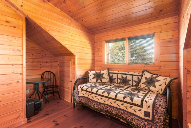 bedroom featuring wood ceiling, vaulted ceiling, wooden walls, and hardwood / wood-style flooring