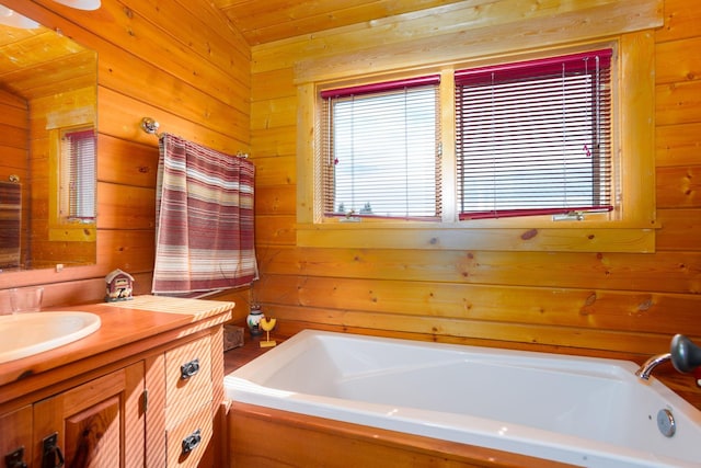 bathroom with wooden walls, vanity, wooden ceiling, and a washtub