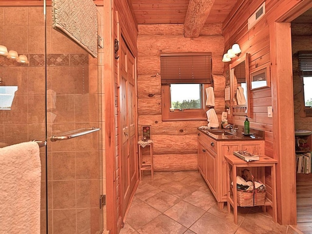 bathroom featuring wooden ceiling, vanity, beamed ceiling, and a shower with shower door