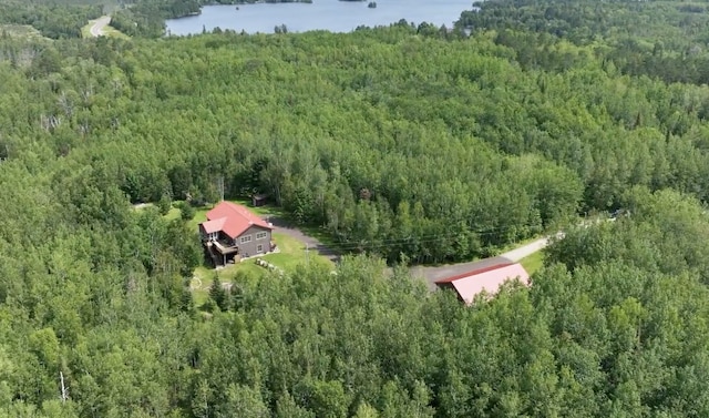 birds eye view of property with a water view and a view of trees