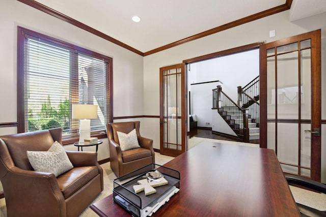 living room with stairs, crown molding, baseboards, and recessed lighting