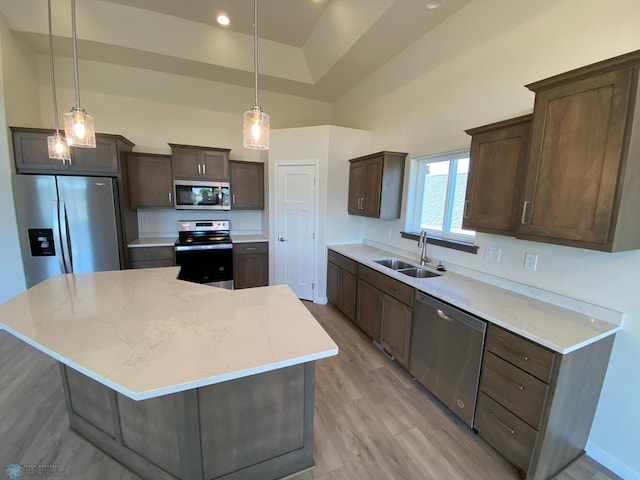 kitchen with a sink, a spacious island, dark brown cabinetry, light wood finished floors, and appliances with stainless steel finishes