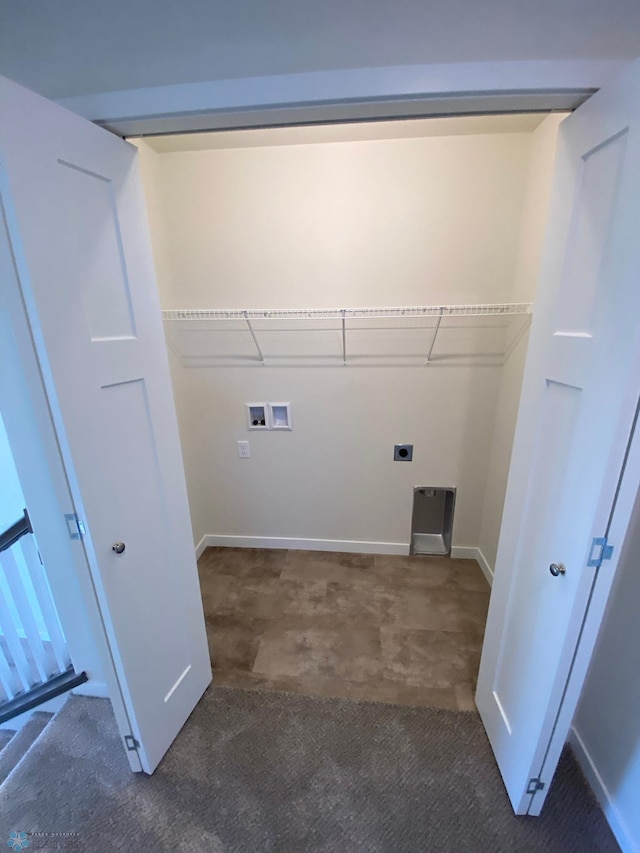 laundry area featuring hookup for a washing machine, hookup for an electric dryer, carpet, baseboards, and laundry area