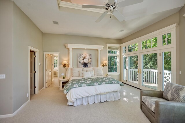 carpeted bedroom with ceiling fan and access to exterior