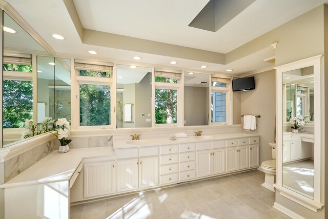 bathroom featuring a raised ceiling, plenty of natural light, vanity, and toilet