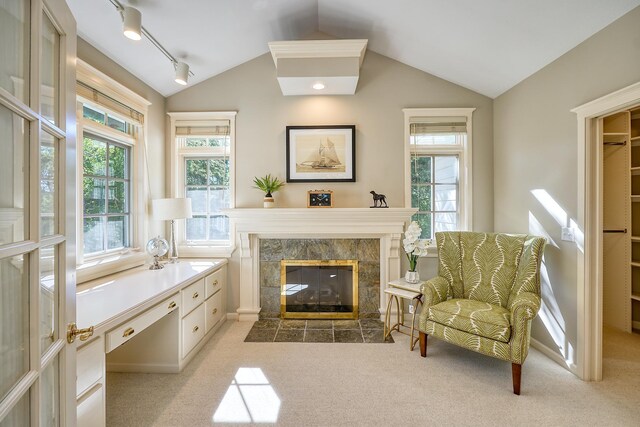 living area featuring carpet, lofted ceiling, track lighting, and a fireplace