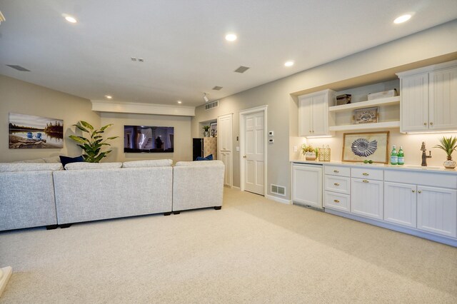 carpeted living room with sink