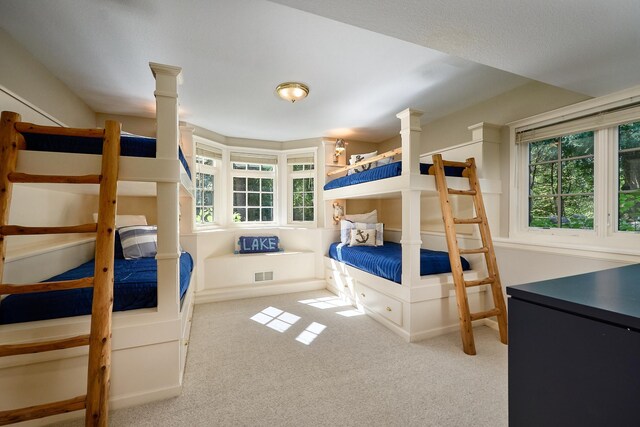 bedroom with light colored carpet