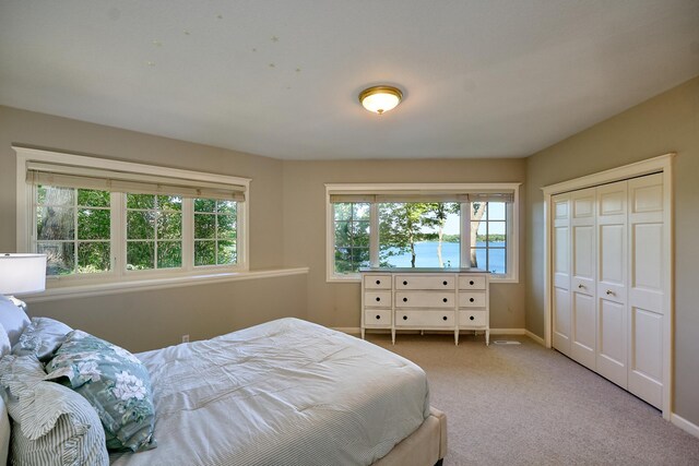 carpeted bedroom with a closet