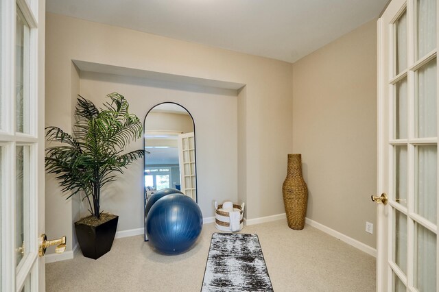 workout area featuring carpet flooring and french doors