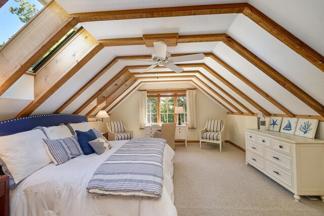 carpeted bedroom featuring ceiling fan and lofted ceiling