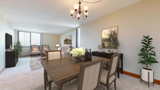 carpeted dining space featuring a notable chandelier