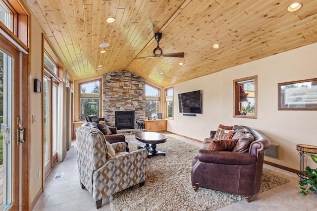 living area featuring vaulted ceiling, visible vents, plenty of natural light, and wooden ceiling