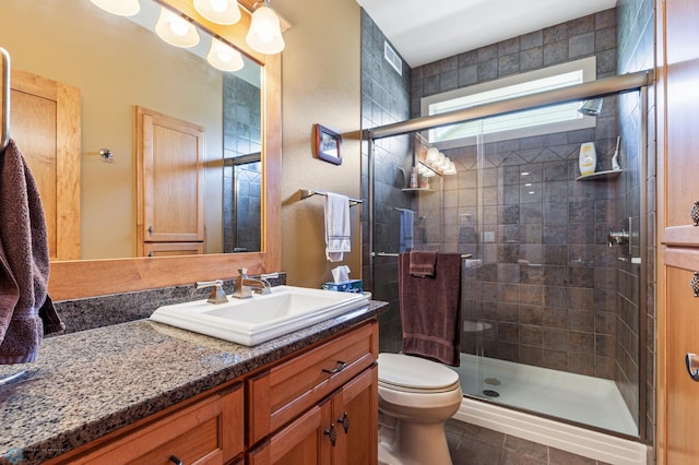 full bath with visible vents, toilet, a stall shower, vanity, and tile patterned flooring