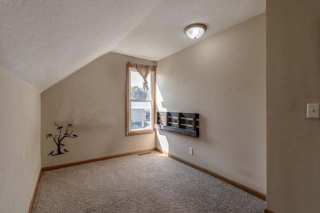 additional living space with vaulted ceiling, a textured ceiling, and carpet floors