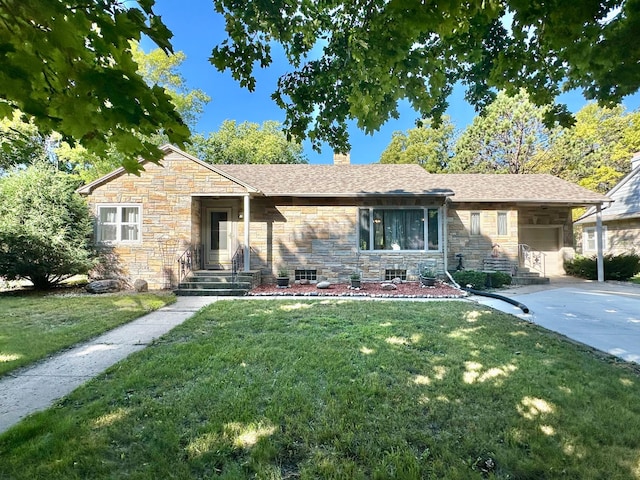 single story home featuring a chimney, a shingled roof, an attached garage, stone siding, and a front lawn