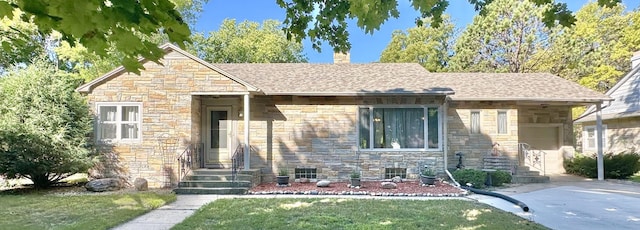 view of front facade with stone siding and a chimney