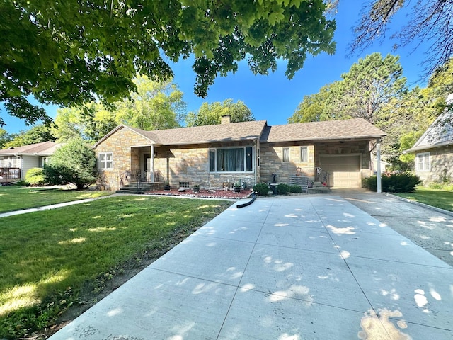 single story home featuring driveway, stone siding, a chimney, an attached garage, and a front lawn