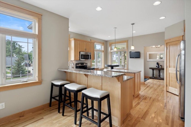 kitchen featuring stainless steel appliances, light hardwood / wood-style floors, kitchen peninsula, and a healthy amount of sunlight