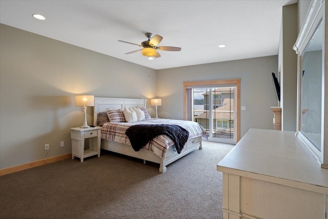 bedroom with access to outside, carpet flooring, and ceiling fan