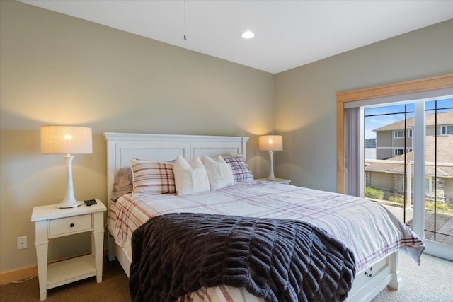 bedroom featuring access to outside and carpet