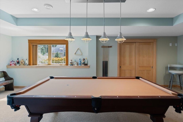 playroom with pool table and carpet flooring