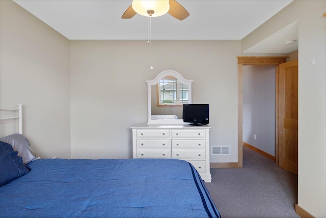 bedroom with ceiling fan and carpet flooring